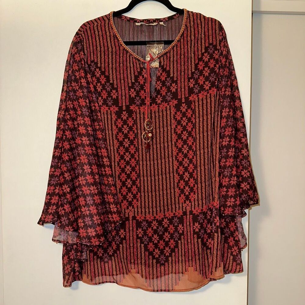 Soft Surroundings Women’s XL Chiffon Boho Beaded Poncho Blouse Red Purple NWOT